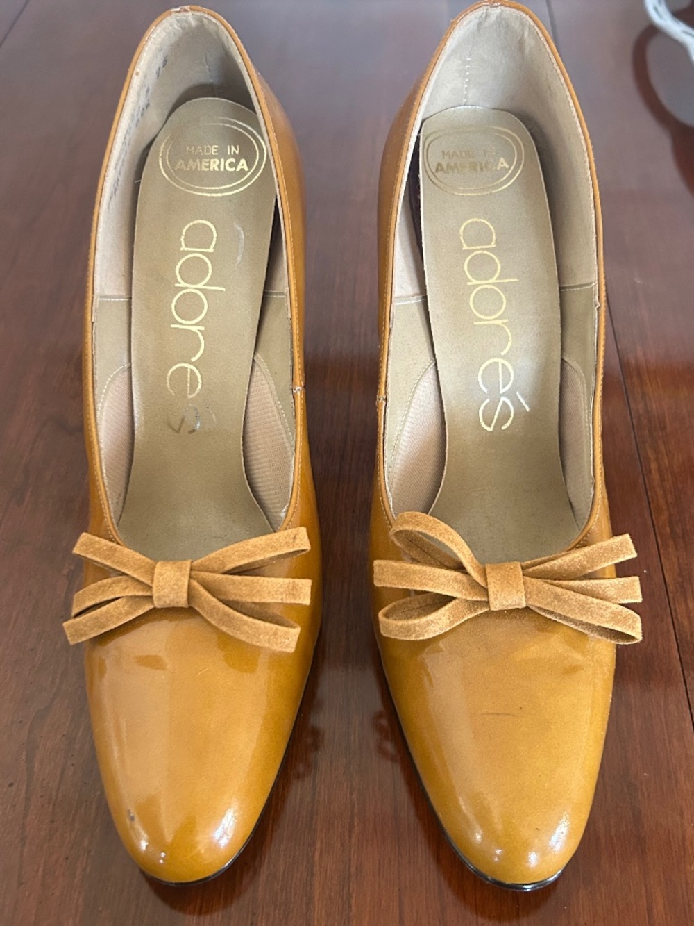 Vintage Adore Tan Patent Leather Block Heel Pumps Made in USA Women's Size 7.5B